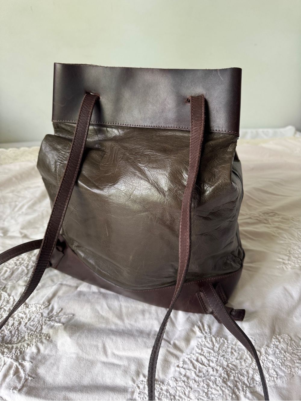 m0851 Leather Convertible Backpack Tote Bag Two Tone Olive Brown Made in Canada - Picture 12 of 14